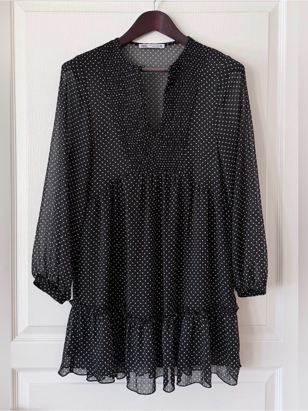 Zara Black and White Polka Dot Long-Sleeve Smocked Dress